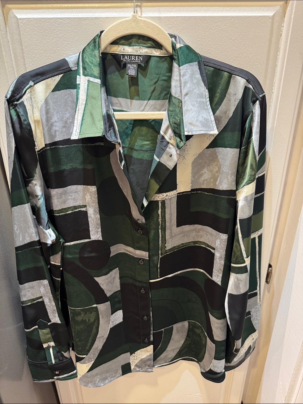 Lauren Ralph Lauren Green Black Cream Geometric Silk-Blend Blouse